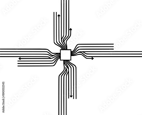 Multichannel Route Intersection Four-Way Flat Vector Diagram
