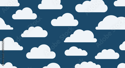 White clouds drift across a deep blue sky in a seamless repeating pattern creating a calm playful background suitable for design projects.