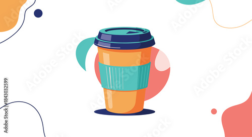Colorful illustration of a disposable coffee cup with a teal sleeve and blue lid resting on a shadow while abstract shapes swirl around it.