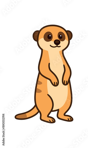 Flat vector illustration of bright meerkat standing upright with paws on belly alert pose rounded shapes clean outline clean white background