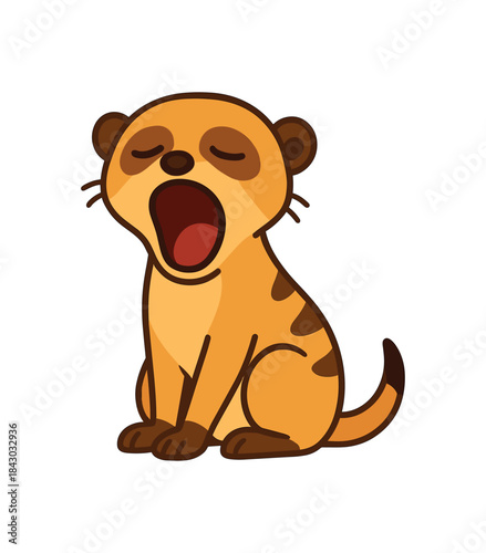 Flat vector illustration of bright meerkat yawning widely with sleepy eyes rounded shapes clean outline clean white background