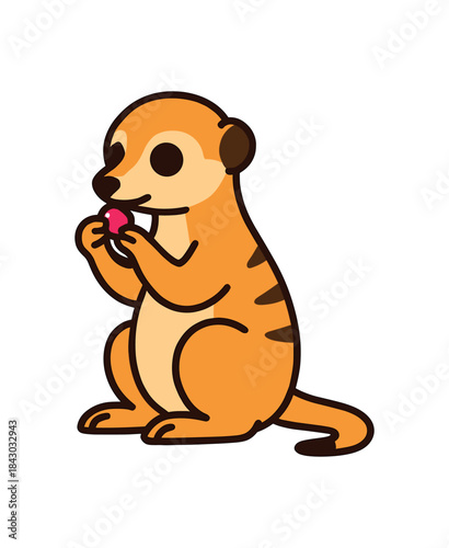 Flat vector illustration of bright meerkat holding small berry and nibbling rounded shapes clean outline clean white background