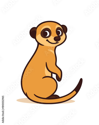 Flat vector illustration of bright meerkat looking back over shoulder with curious smile rounded shapes clean outline clean white background