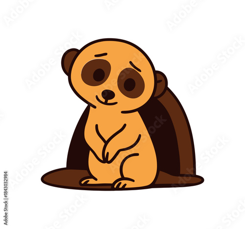 Flat vector illustration of bright meerkat peeking from burrow entrance shy pose rounded shapes clean outline clean white background