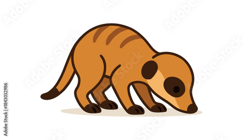 Flat vector illustration of bright meerkat sniffing the ground curiously head lowered rounded shapes clean outline clean white background