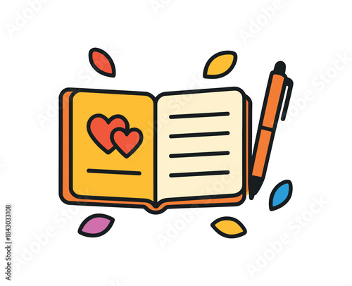 Flat vector illustration of bright wedding guestbook and pen with vivid petals rounded shapes clean outline clean white background