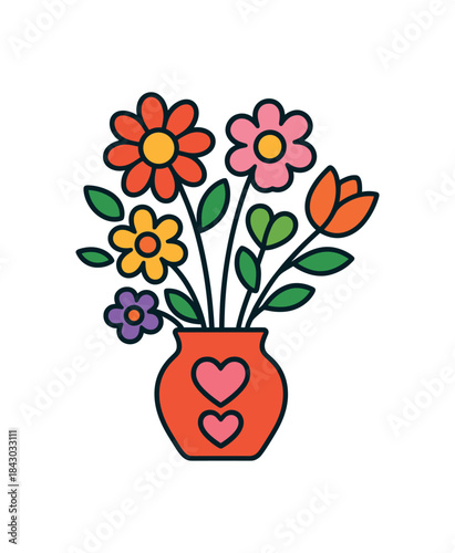 Flat vector illustration of bright Mother Day flower bouquet vivid vase with heart icons only rounded shapes clean outline clean white background