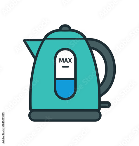 Flat vector illustration of bright kettle filled only to needed level bold water line marker rounded shapes minimal details