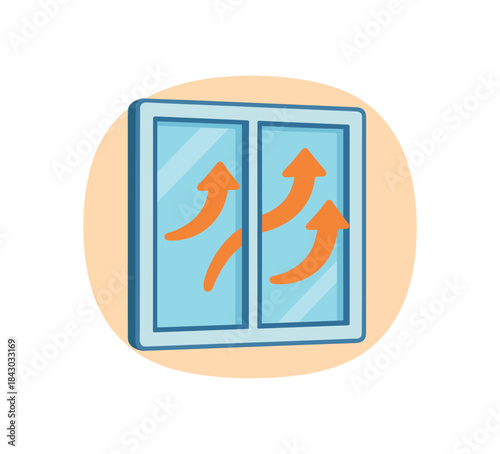 Flat vector illustration of bright doubleglazed window with bold heat arrows staying inside rounded shapes