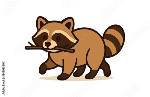 Flat vector illustration of bright raccoon carrying small stick mouth while walking rounded shapes clean outline clean white background