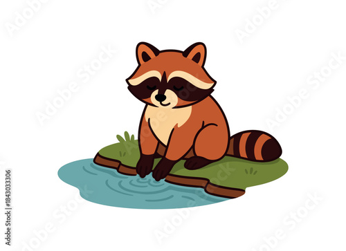 Flat vector illustration of bright raccoon sitting at riverbank dipping paws water calm pose rounded shapes clean outline clean white background