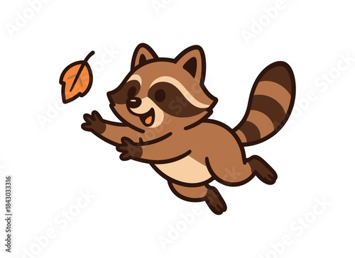 Flat vector illustration of bright raccoon chasing falling leaf midjump rounded shapes clean outline clean white background