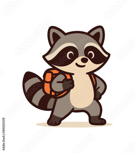 Flat vector illustration of bright raccoon carrying tiny backpack icon readyforadventure pose rounded shapes clean outline clean white background