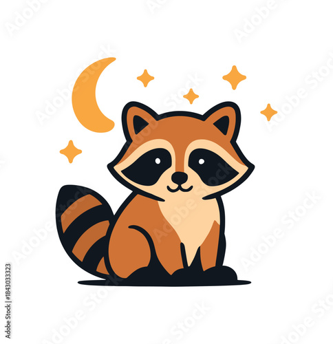 Flat vector illustration of bright raccoon sitting under crescent moon with stars night calm pose rounded shapes clean outline clean white background