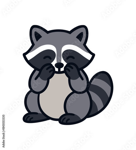 Flat vector illustration of bright raccoon grooming face with both paws cute wash pose rounded shapes clean outline clean white background