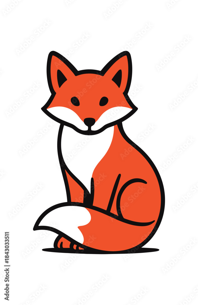 Fototapeta premium Flat vector illustration of bright red fox sitting calmly with tail wrapped around paws rounded shapes clean outline clean white background