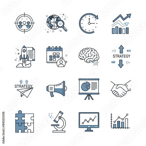 Business strategy and planning concept with icons representing team, growth, time, finance, idea, calendar, brain, teamwork, problem solving, research, and data analysis