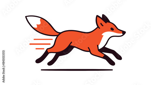 Flat vector illustration of bright red fox running fast with bold motion lines and lifted paws rounded shapes clean outline clean white background