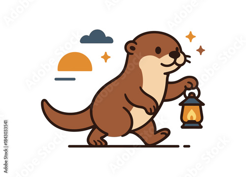 Flat vector illustration of bright river otter holding tiny lantern icon while walking at dusk cozy explorer pose rounded shapes clean outline clean white background