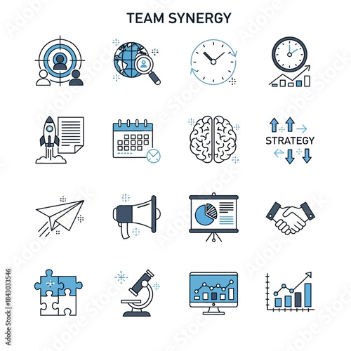 Team synergy and collaboration concept with icons representing strategy, planning, and success