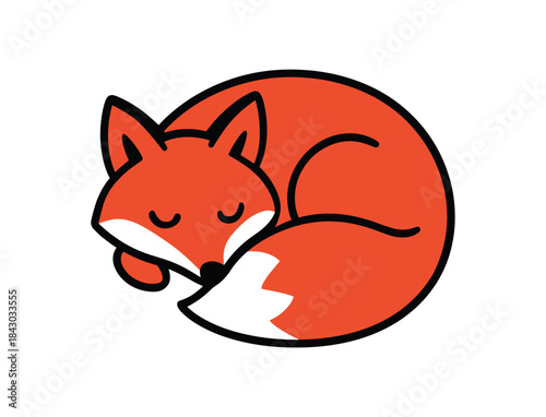 Flat vector illustration of bright red fox curled up sleeping tight ball nose tucked under tail rounded shapes clean outline clean white background