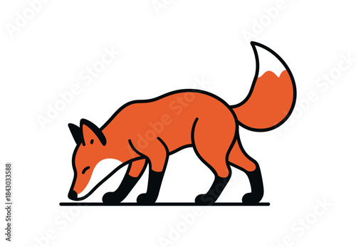 Flat vector illustration of bright red fox sniffing the ground with lowered head and lifted tail rounded shapes clean outline clean white background