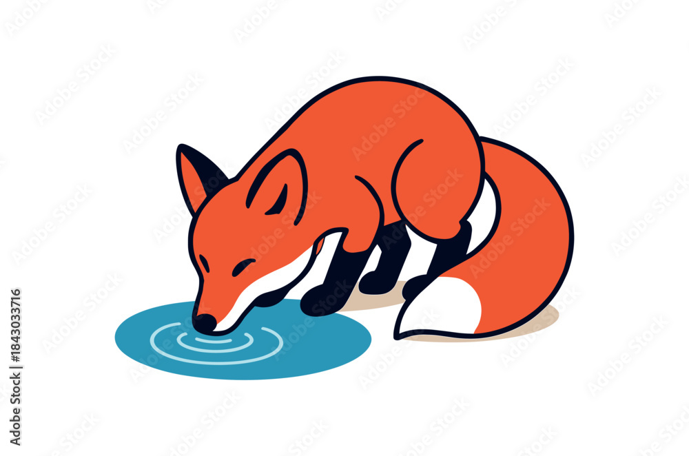 Obraz premium Flat vector illustration of bright red fox drinking from small pond head lowered rounded shapes clean outline clean white background