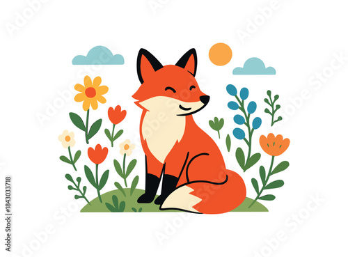 Flat vector illustration of bright red fox sitting among wildflowers spring scene rounded shapes clean outline clean white background