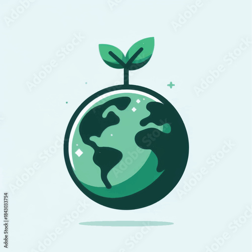 Stylized green planet Earth with a plant sprout growing on top.
