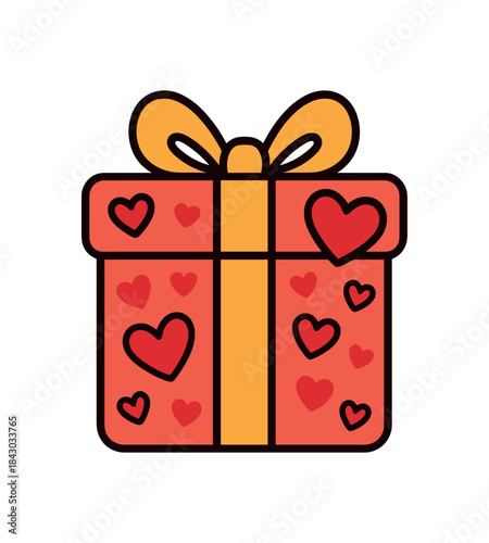 Flat vector illustration of bright Valentine Day gift box with vivid hearts and ribbon rounded shapes clean outline clean white background