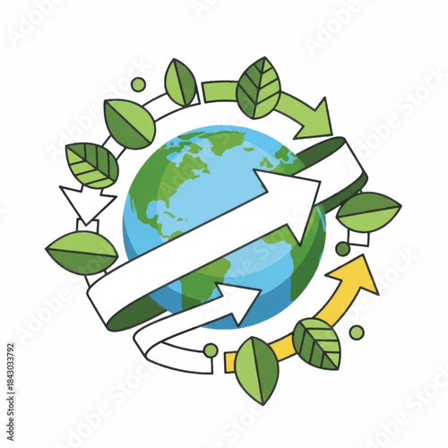 Sustainable Earth with Green Leaves and Arrows Representing Environmental Cycle.