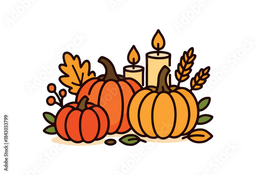 Flat vector illustration of bright Thanksgiving harvest centerpiece with vivid pumpkins and candles rounded shapes clean outline clean white background
