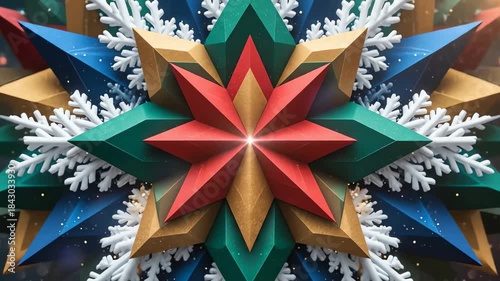 Festive Holiday Background featuring a 3D Animated Kaleidoscopic Christmas Star with Sparkling Snowflakes