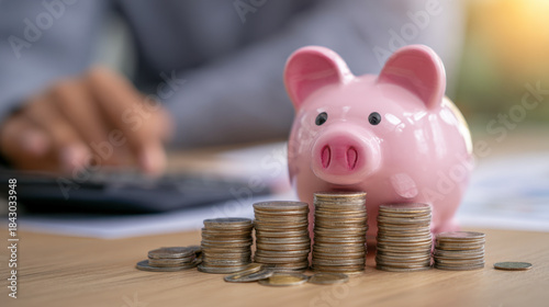 Pink piggy bank with stacked coins in ascending order on wooden table symbolizing personal finance growth and savings management concept at work desk