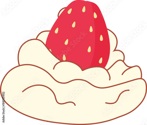 Minimalist hand drawn illustration of a fresh, whole strawberry resting on a dollop of whipped cream. Sweet dessert or topping vector for menus, stickers, and graphic design. Perfect for simple, cute 