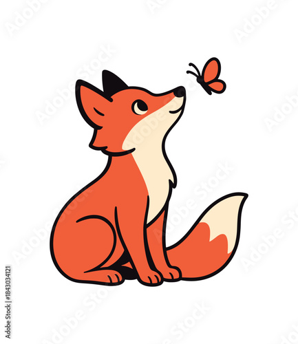 Flat vector illustration of bright red fox catching butterfly gaze upward gentle pose rounded shapes clean outline clean white background