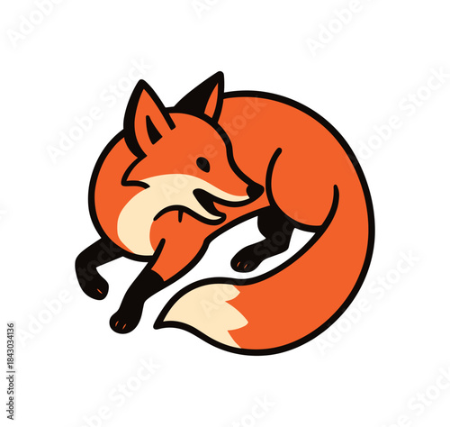 Flat vector illustration of bright red fox chasing its tail circle dynamic pose rounded shapes clean outline clean white background