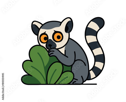 Flat vector illustration of bright ringtailed lemur peeking from behind leafy bush shy pose rounded shapes clean outline clean white background