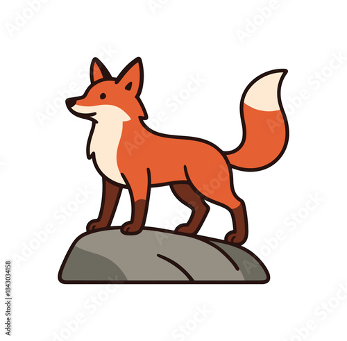 Flat vector illustration of bright red fox balancing on rock proud stance rounded shapes clean outline clean white background