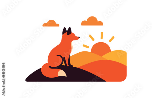 Flat vector illustration of bright red fox sitting on hill watching sunrise silhouettestyle but colorful rounded shapes clean outline clean white background