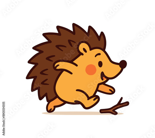 Flat vector illustration of bright hedgehog stumbling playfully over tiny twig funny pose rounded shapes clean outline clean white background