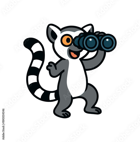 Flat vector illustration of bright ringtailed lemur looking through binoculars icon with excited posture rounded shapes clean outline clean white background