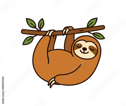 Flat vector illustration of bright sloth hanging calmly from leafy branch gentle smile rounded shapes clean outline clean white background
