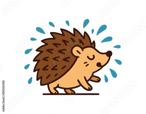 Flat vector illustration of bright hedgehog shaking off rain with droplets around rounded shapes clean outline clean white background