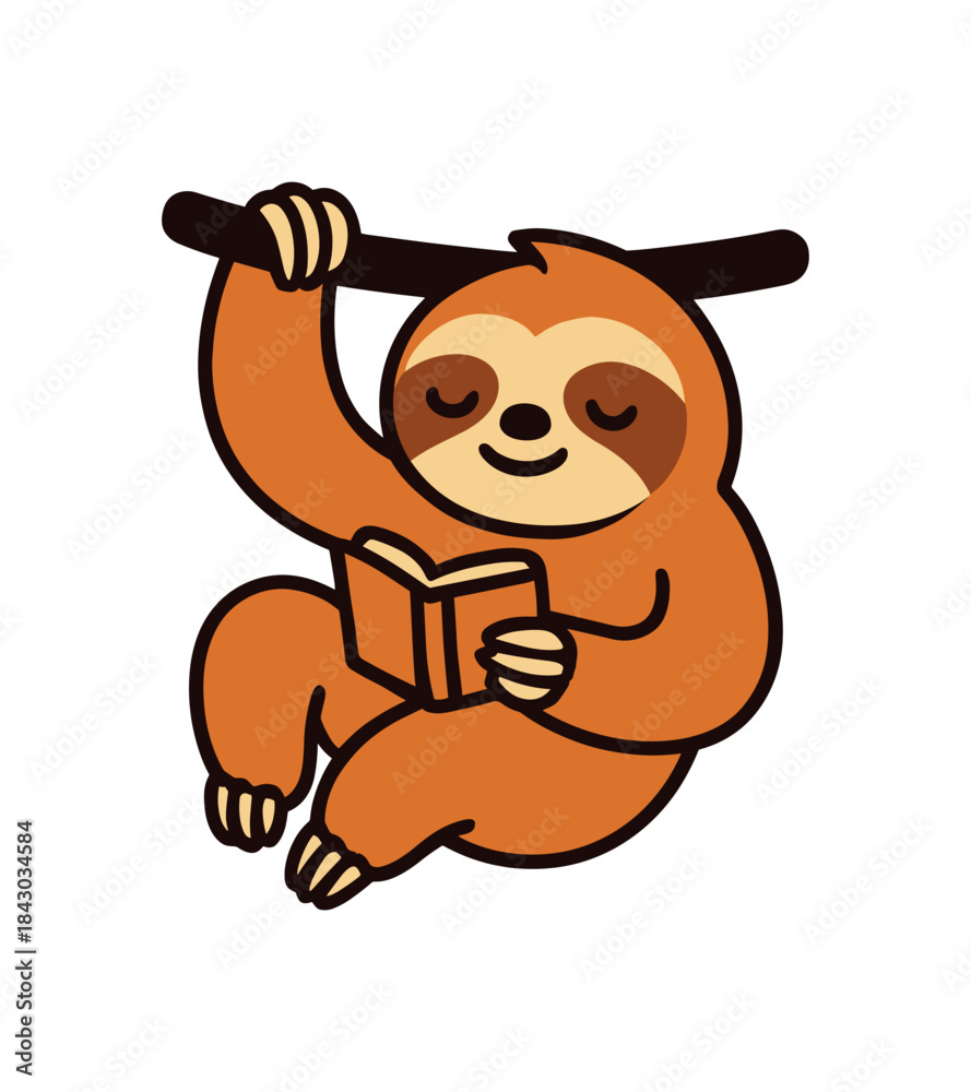 Obraz premium Flat vector illustration of bright sloth holding small book icon while hanging quiet reading pose rounded shapes clean outline clean white background