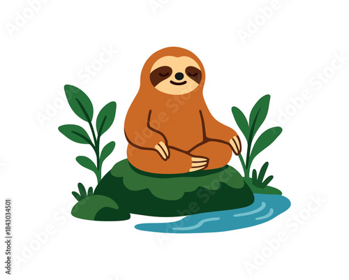 Flat vector illustration of bright sloth sitting on mossy rock by stream peaceful pose rounded shapes clean outline clean white background