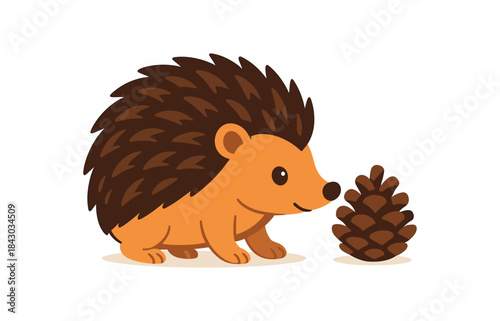 Flat vector illustration of bright hedgehog sniffing pinecone curious pose rounded shapes clean outline clean white background
