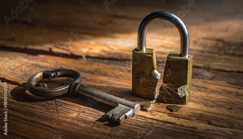 Broken Lock and Key. Old metal key lying beside a broken padlock on a wooden surface, dramatic shadows.