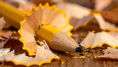 Broken Pencil. Wooden pencil snapped in half with shavings around it, macro shot.
