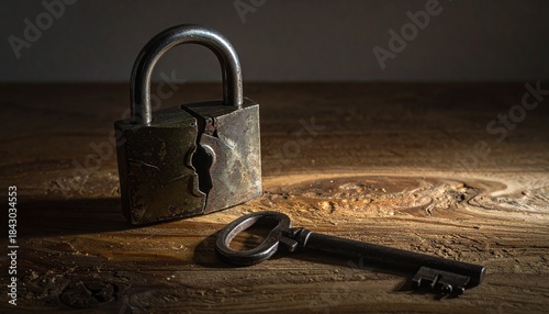 Broken Lock and Key. Old metal key lying beside a broken padlock on a wooden surface, dramatic shadows.